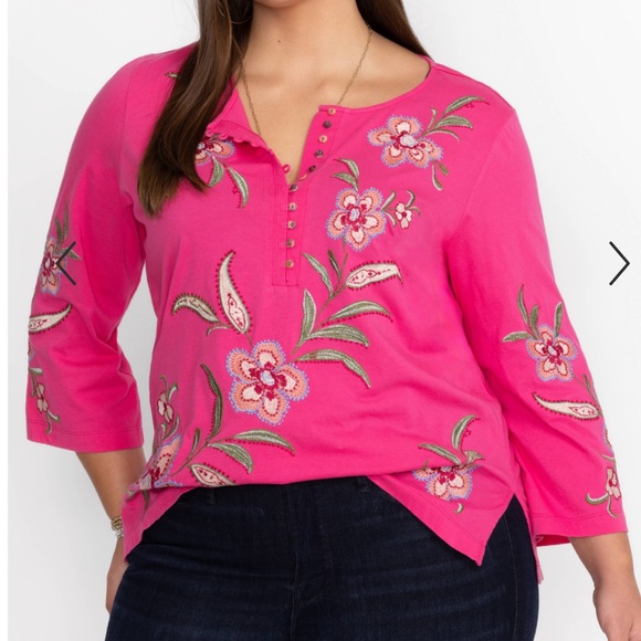 Johnny Was JWLA Libbi 3/4 Sleeve Flamingo Pink Embroidered Cotton Henley Top 1X - Picture 6 of 16